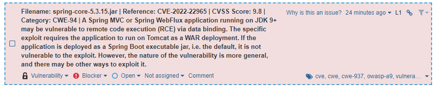 SonarQube showing CVE-2022-22965